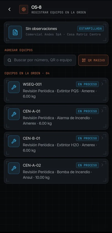 Pantalla de la app: equipos registrados en una orden de servicio con su estado