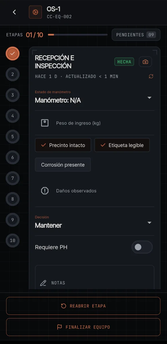 Pantalla de la app: etapas de mantención de un equipo en una orden de servicio
